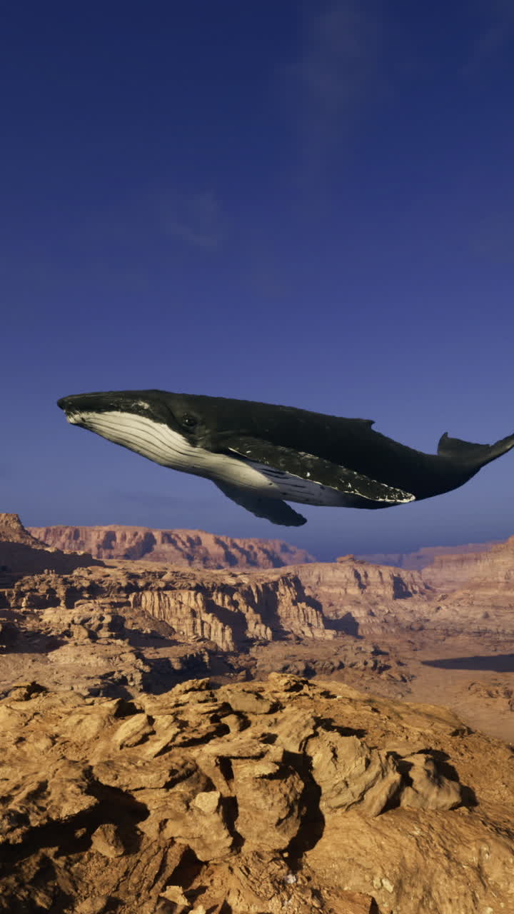 Humpback whale soaring majestically over desert landscape at sunset