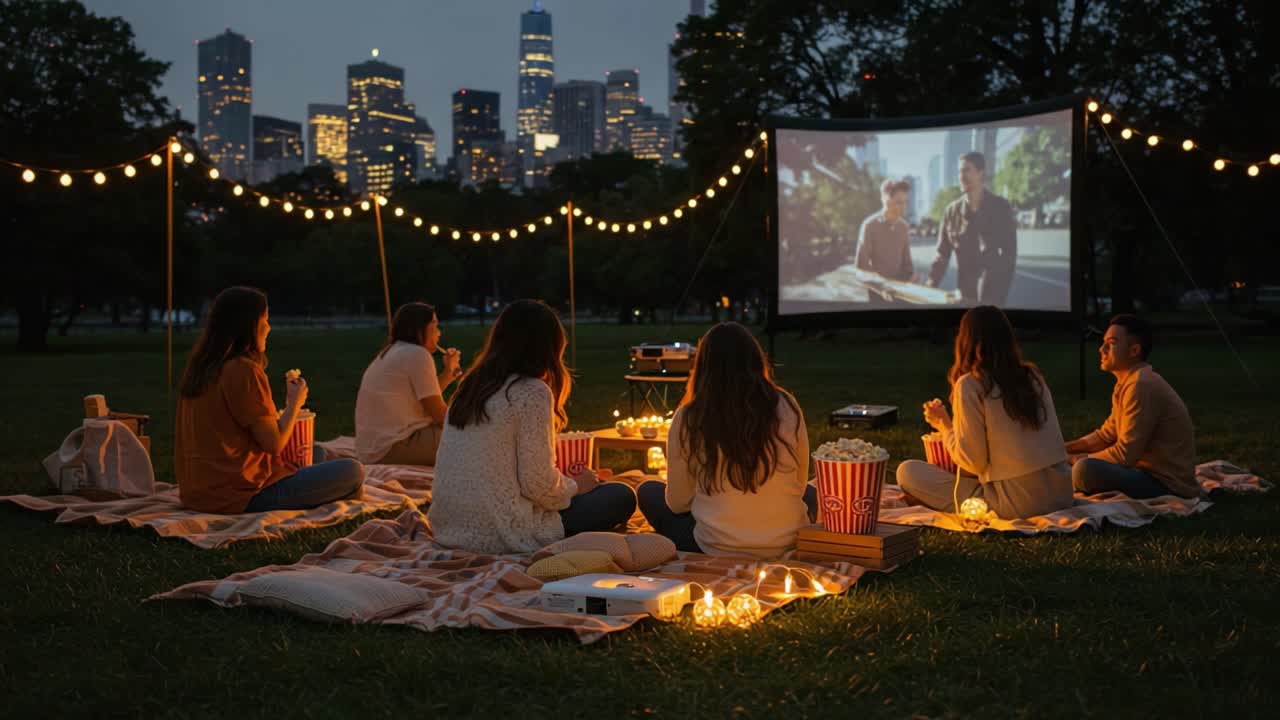 Friends Enjoying an Outdoor Movie Night in a Park with City Views