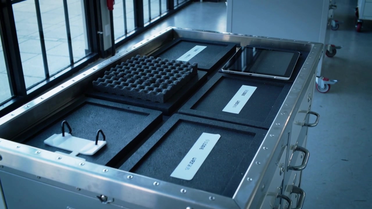 Panoramica della telecamera, che mostra gli scomparti in schiuma di un flight case con etichette vicino alle finestre, mentre si prepara l'attrezzatura.