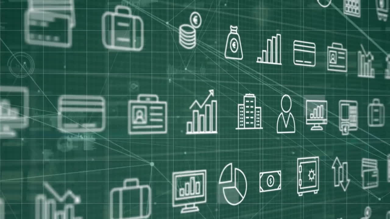 animación de iconos digitales y procesamiento de datos sobre fondo verde