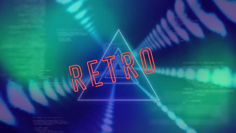 animation of retro text banner over neon triangular tunnel in seamless pattern and data processing