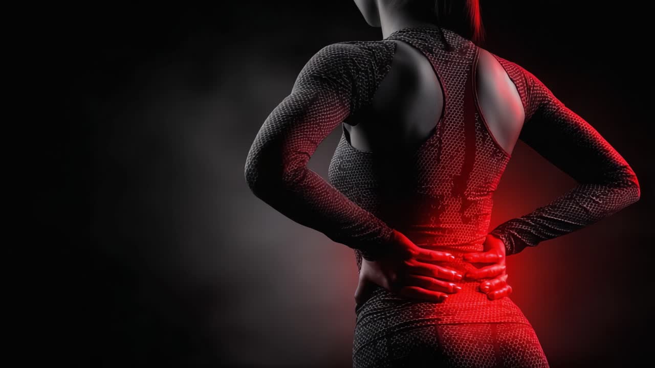 A Dynamic Sequence Depicting Pain Relief Techniques Focused on Lower Back Discomfort Amidst Striking Red Lighting and Monochrome Background