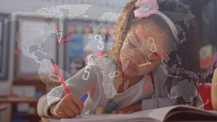 Girl writing workbook in education classroom, showing animated world map and floating math symbols