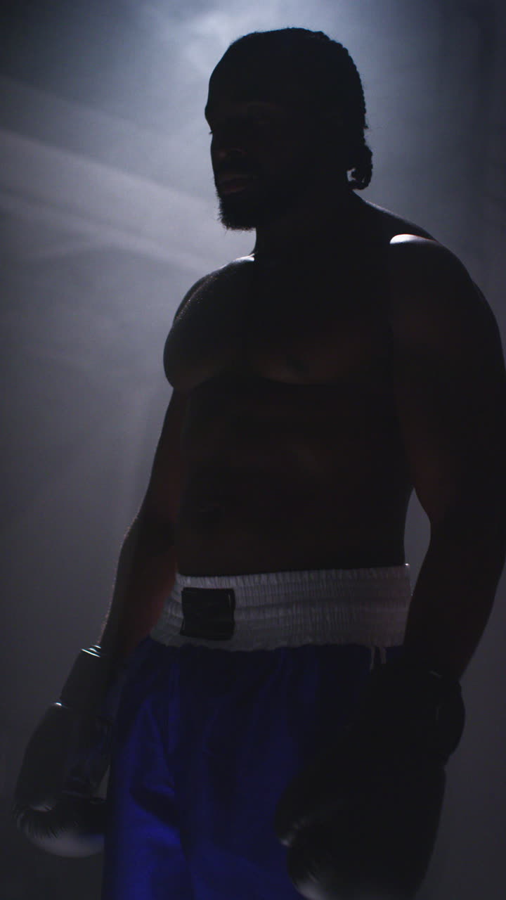 video de estudio vertical filmado con iluminación de baja clave de boxeador silueta listo para luchar de pie en la piscina de luz en el ring de boxeo