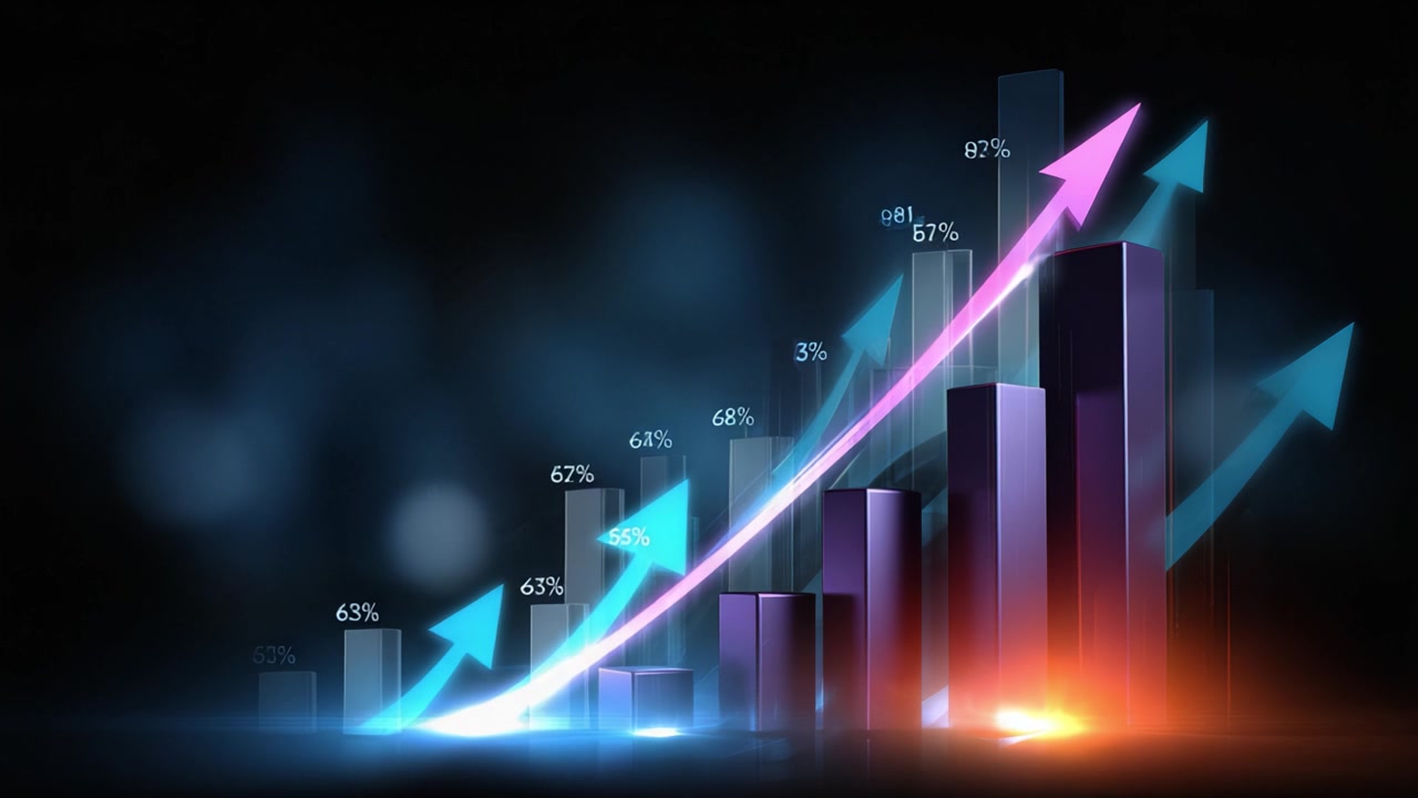 Dynamic Growth Representation: An Illustration of Progressing Statistics with Graphs and Arrows Indicating Rising Trends and Percentages in a Modern Style