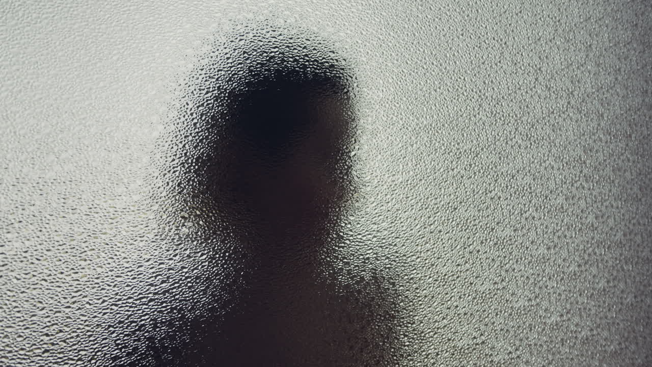A female silhouette behind the frosted glass moves slowly