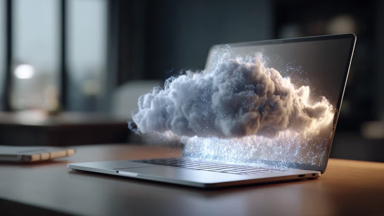 A Stunning Surreal Visualization of a Cloud Emerging from a Laptop, Merging Technology with Imagination, Capturing the Essence of Digital Creativity and Innovation