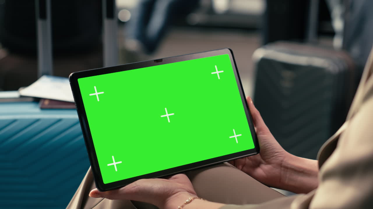 Tablet layar hijau di area tunggu bandara yang ramai dengan penumpang di dekat gerbang