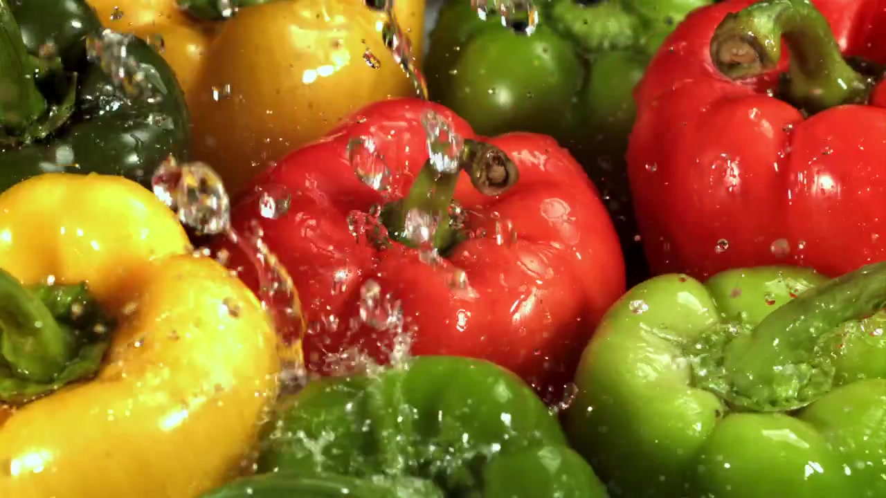 Pimientos morrones frescos lavándose con salpicaduras de agua