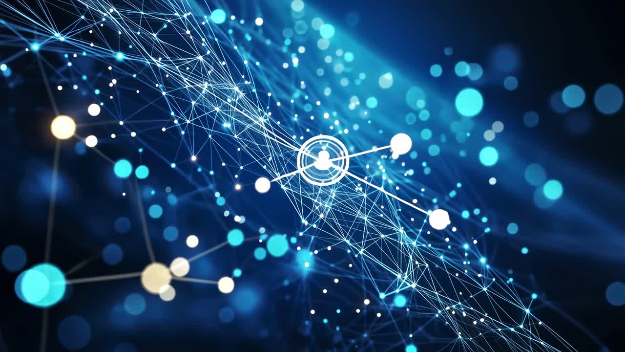 Futuristisches Netzwerkkonzept mit leuchtenden Knoten und Linien. Eine Luftaufnahme fängt das digitale Netz ein