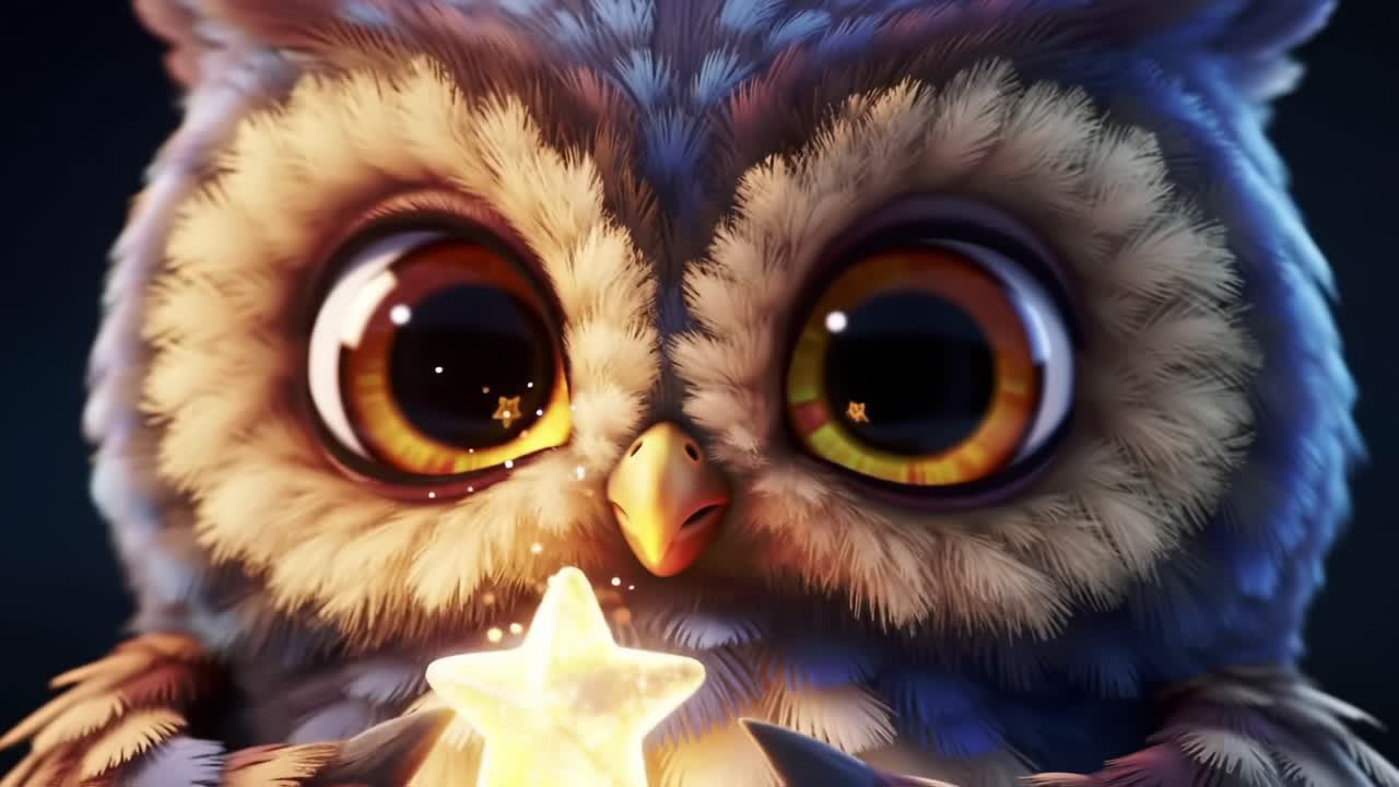 A Captivating Close-Up of a Whimsical Owl Holding a Glowing Star, Showcasing Its Expressive Eyes and Soft Feathers in a Magical Night Setting