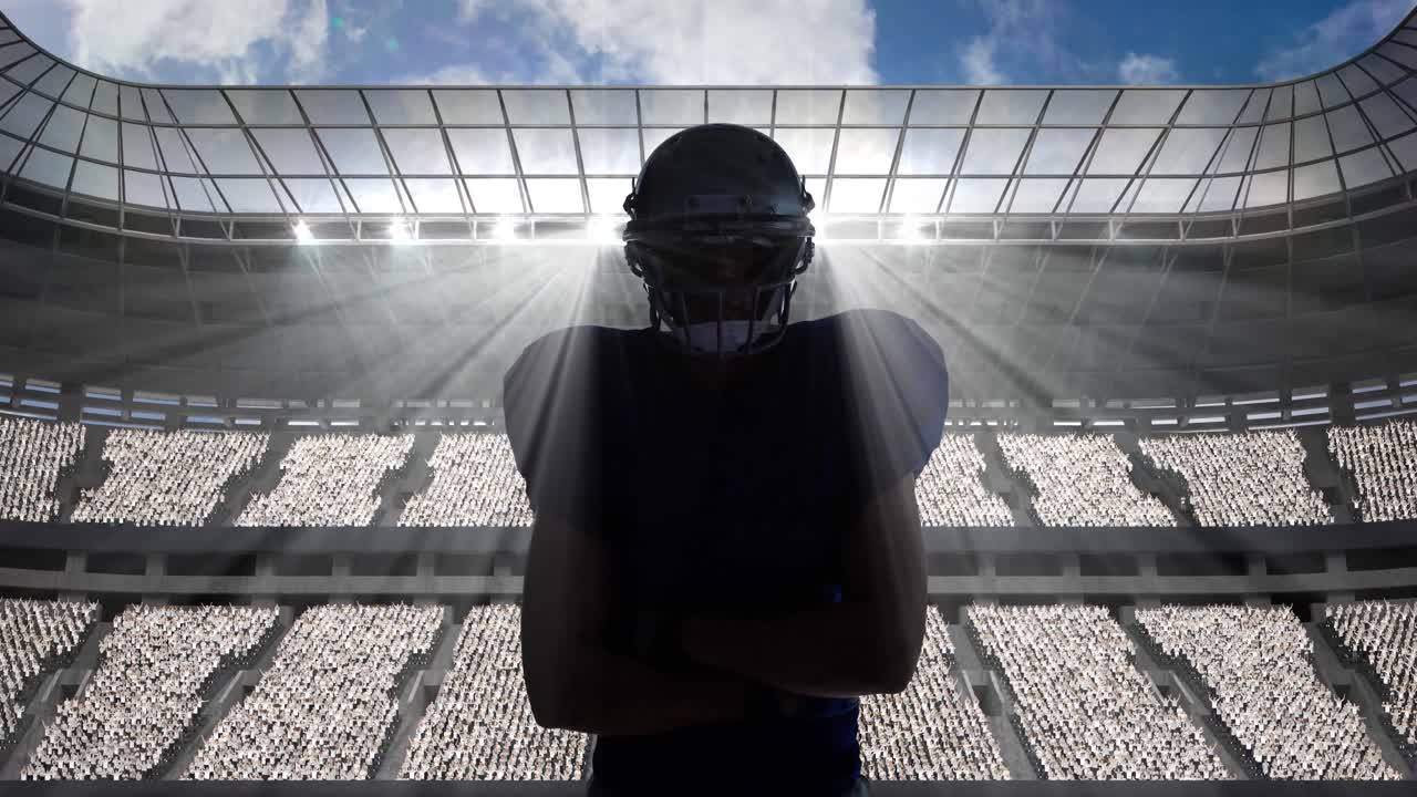 animación de un jugador de fútbol americano sobre un estadio deportivo