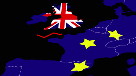 Animation-of-an-irregular-red-line-splitting-the-United-Kingdom-from-the-European-Union,-on-a-map,-both-with-their-flag