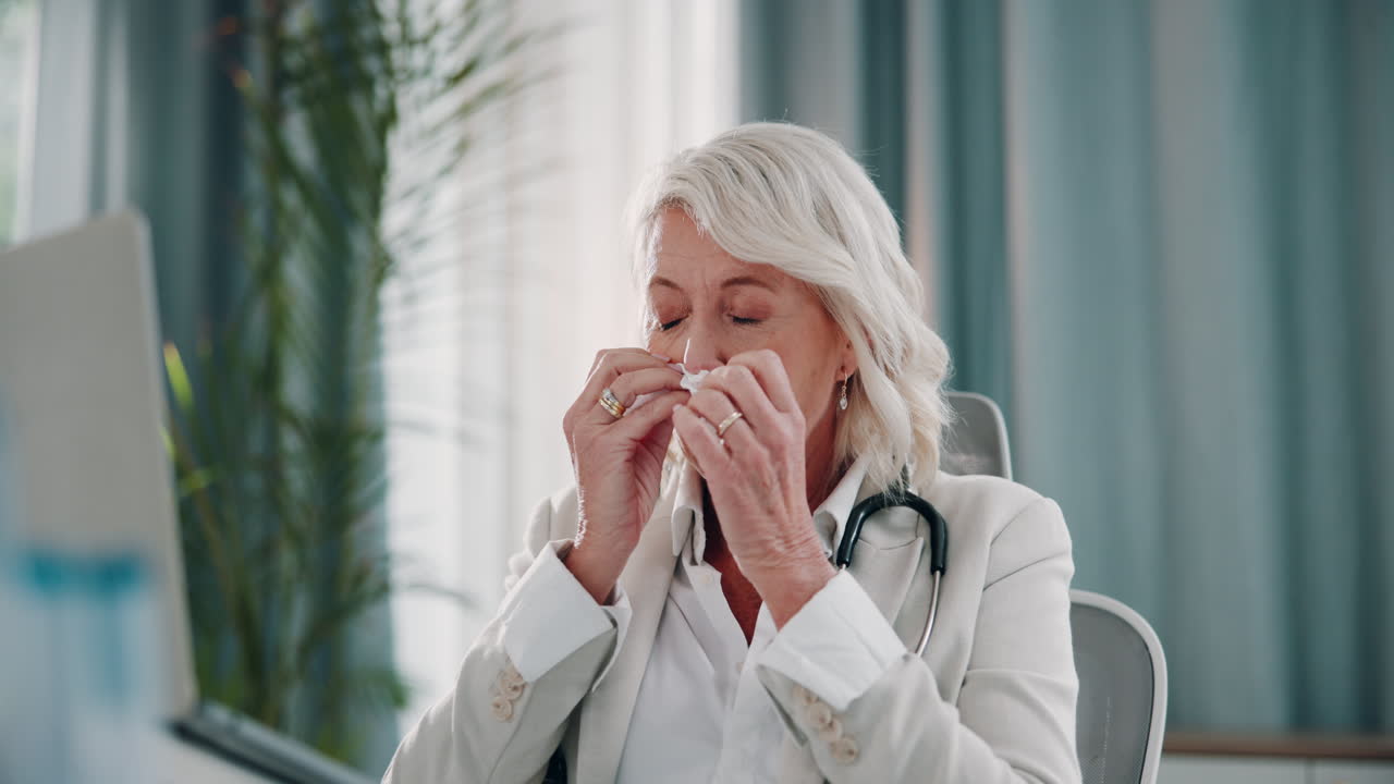 el médico estornudando en el escritorio