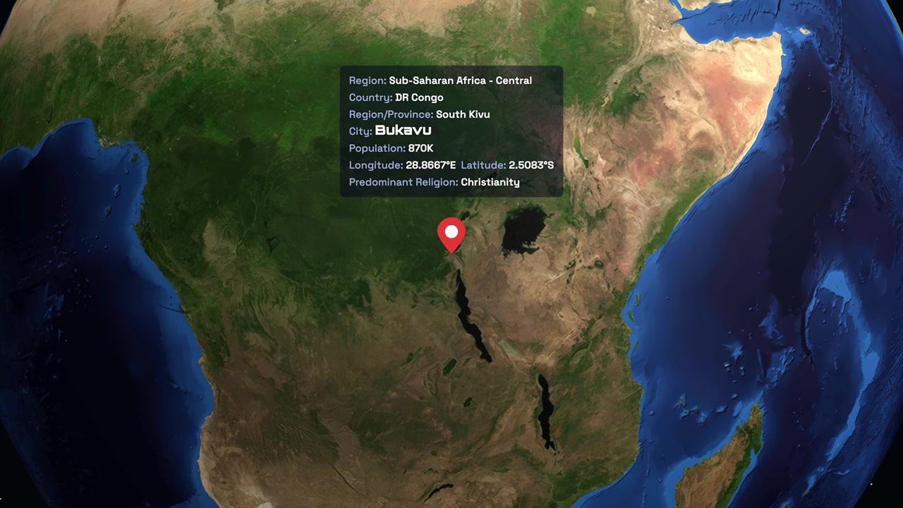 Digital animation zooms from outer space into Bukavu, Congo, with location pin and data
