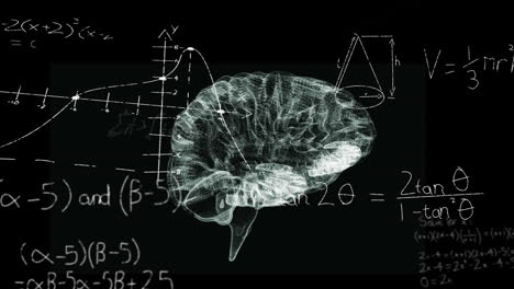 animación de ecuaciones matemáticas sobre el icono del cerebro humano giratorio contra un fondo negro