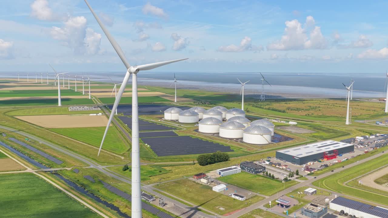 エームスハーフェンにおける、エネルギー転換の情景、石油サイロとソーラーパークのドローン空撮
