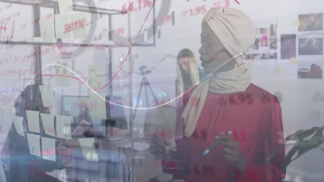 animation of processing data over african american businesswoman brainstorming in office