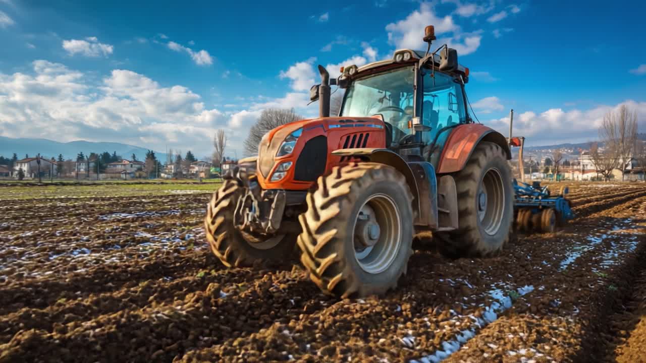 Un moderno trattore agricolo che lavora in un vasto campo sotto un cielo azzurro e limpido, preparando il terreno per la semina con precisione ed efficienza.