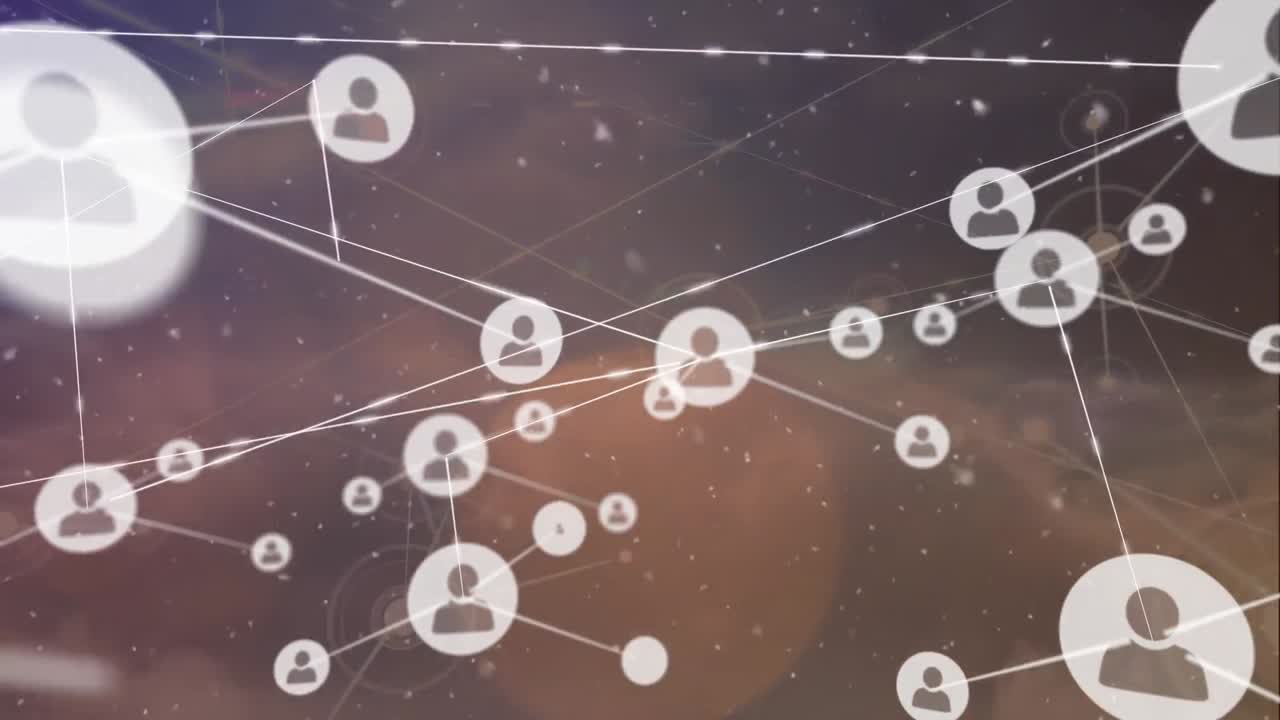 animación de la red de conexiones con iconos y nieve cayendo sobre el cielo con nubes