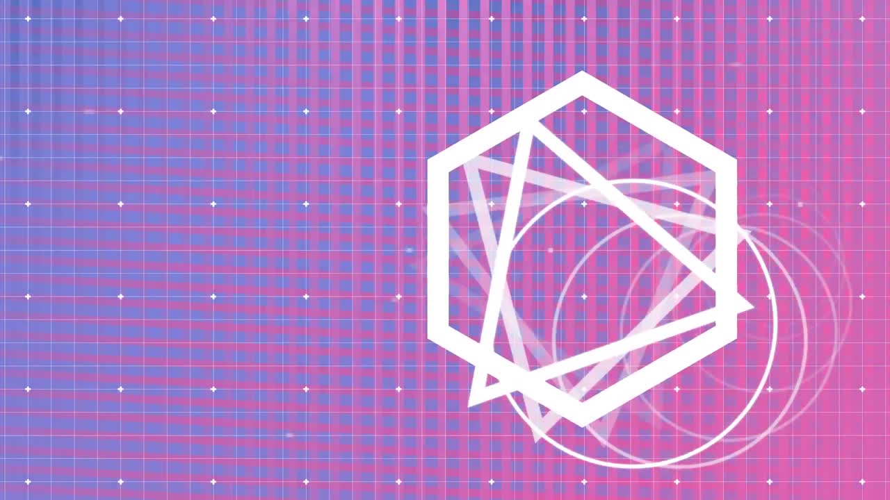 треугольники, круги и шестиугольники поворачиваются на розовом и фиолетовом фоне сетки