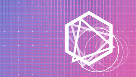 triángulos, círculos y hexágonos que giran sobre un fondo de cuadrícula rosa y púrpura