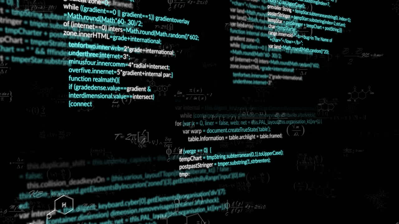 Animation of computer code and mathematical formulas floating in digital space