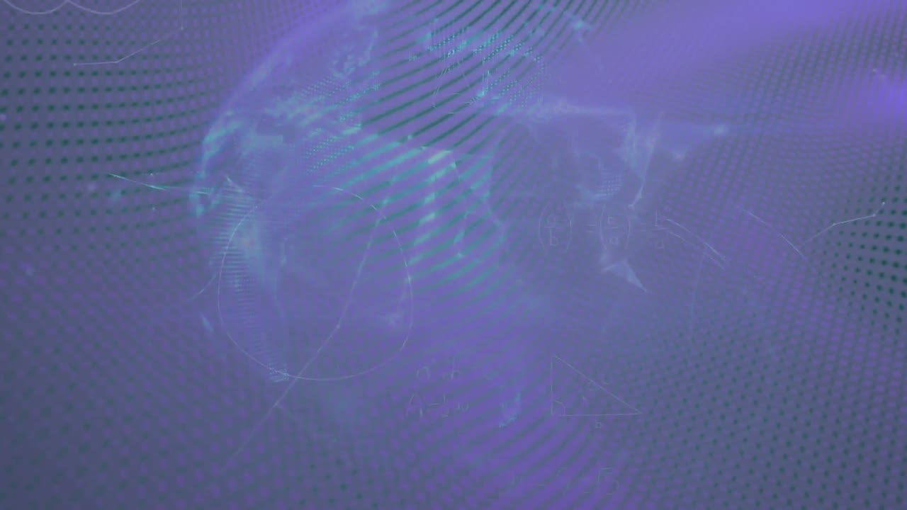 animación de formas, globos y fórmulas matemáticas en espacio púrpura.