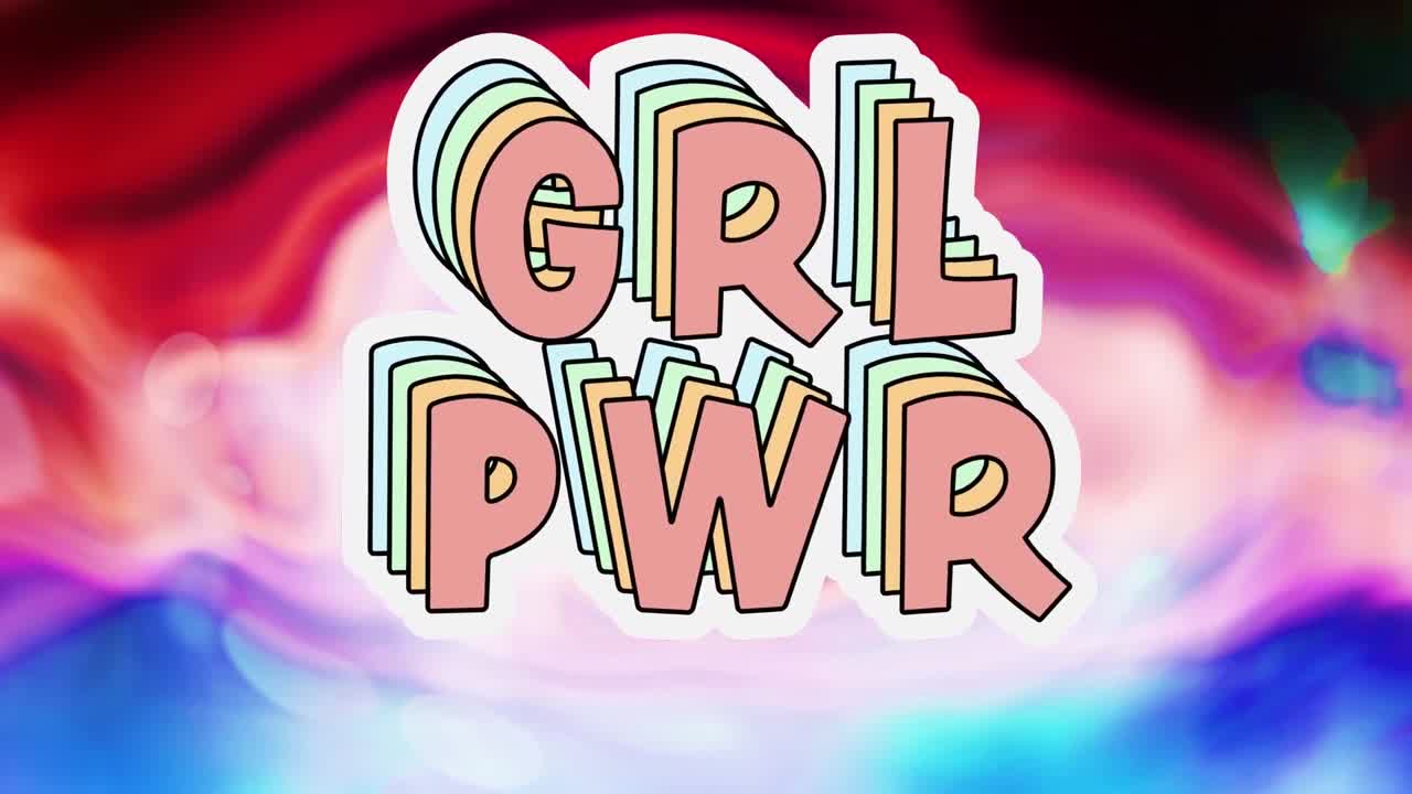 Animazione della scritta 'grl pwr' su sfondo colorato