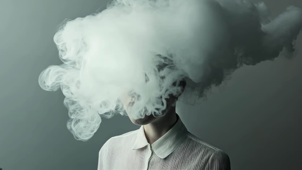 Surreal video concept with a person obscured by a cloud of smoke