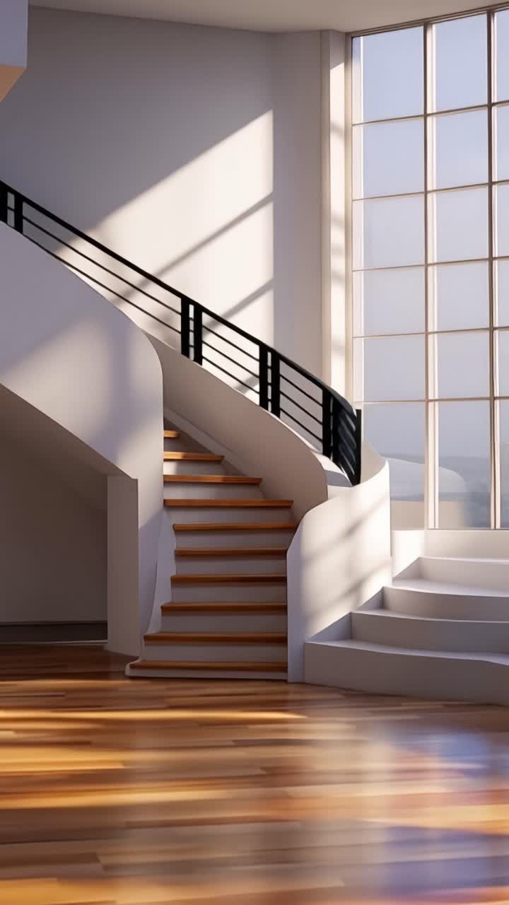 Elegante scala moderna con luce naturale che filtra da grandi finestre, che mostra una fusione armoniosa di design architettonico e calore.