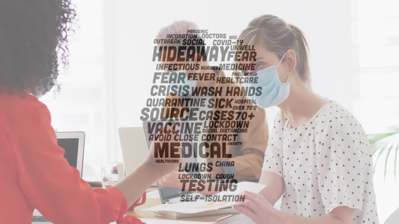 사무실에서 얼굴 마스크를 쓰고 있는 동료들과 함께 떠다니는 단어들의 애니메이션