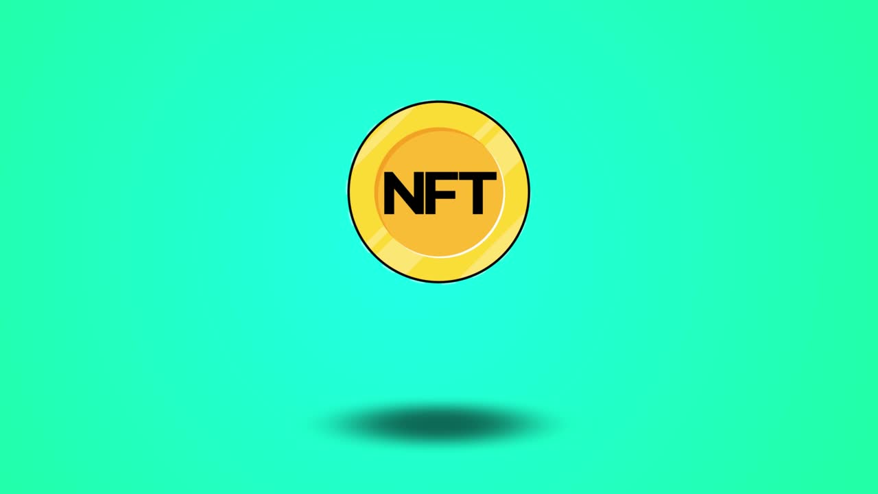 animazione di monete d'oro nft. sfondo turchese. criptovaluta e concetto di blockchain. 4k