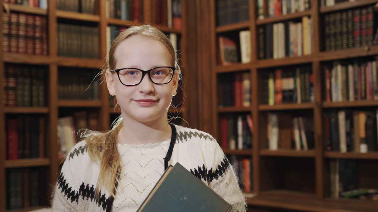 Ritratto di una ragazza con un libro di testo, in piedi sullo sfondo di scaffali di libri in biblioteca.