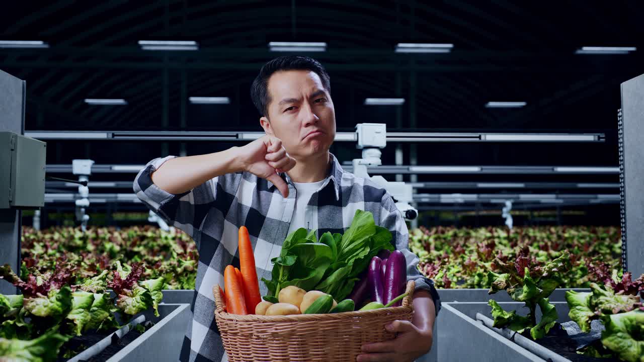 아시아 남성 농부 가 채소 바구니 를 들고 스마트  에 서 있는 동안 엄지손가락 을 내려 놓은 몸짓 을 하고 있다