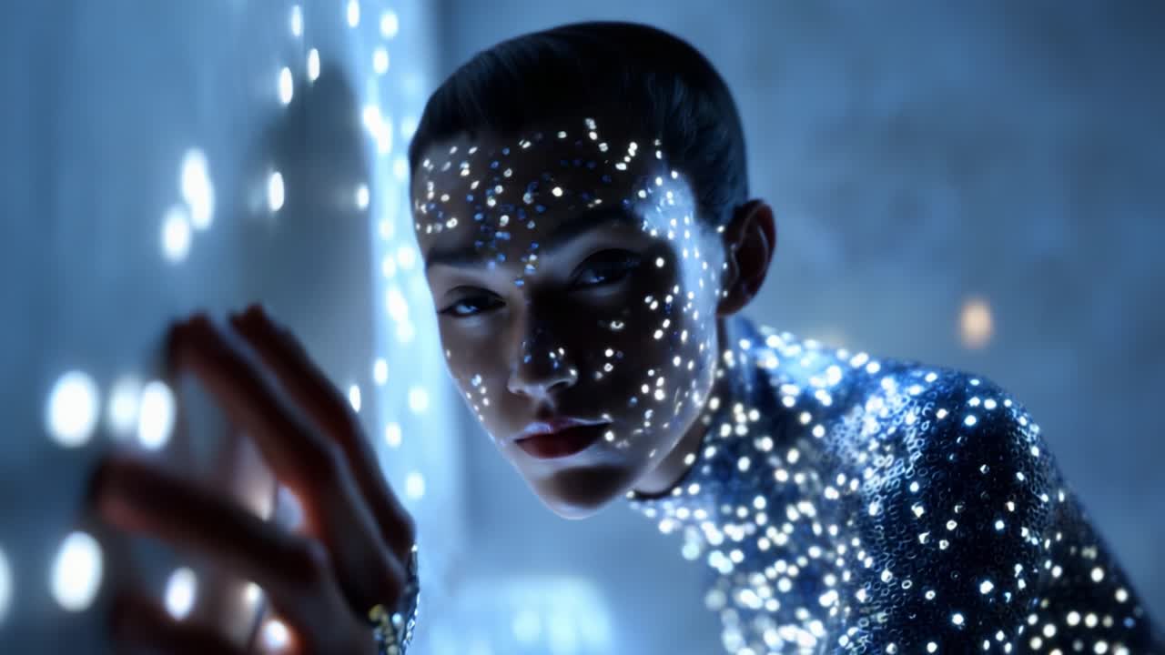 Una rappresentazione affascinante di una figura ornata con motivi luminosi e scintillanti, che unisce bellezza e tecnologia, mentre si appoggia a un muro, evocando un senso di meraviglia e connessione eterea in un ambiente luminoso