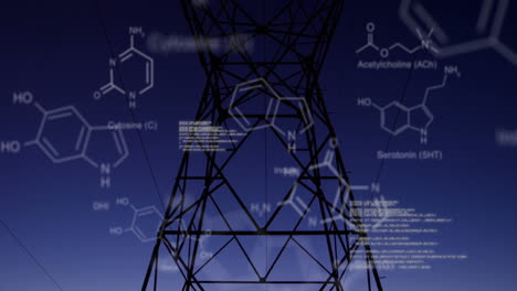 chemical structures with program codes and a background of transmission towers