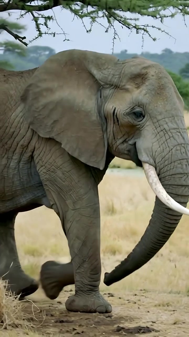 Vídeo vertical: Elefante africano adulto bebendo água caminhando pela planície sob um galho de acácia espinhosa
