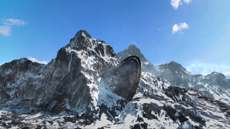 ancient shield in a snowy mountain landscape