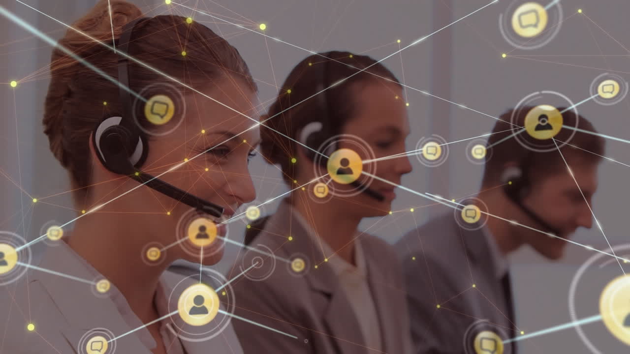 Animation of network of connections with icons over diverse business people in office