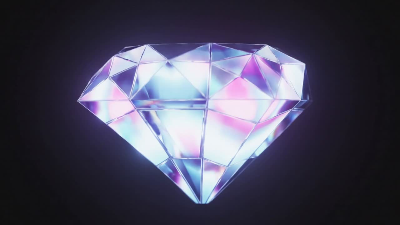 Starting blue purple pink lights causing cut gem rotating, pulsing in dark void, showing prism halo