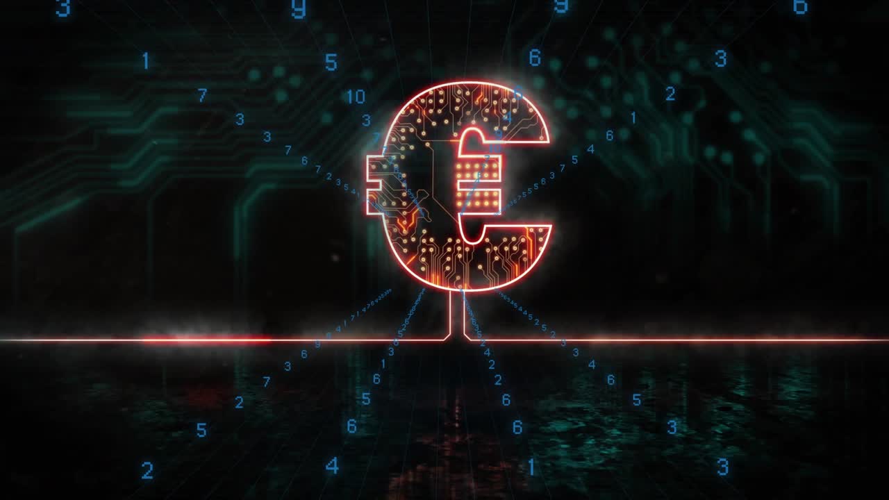 Circuito stampato che si illumina rivelando una linea rossa, euro al neon che si illumina, cifre che fluttuano visualizzando i dati