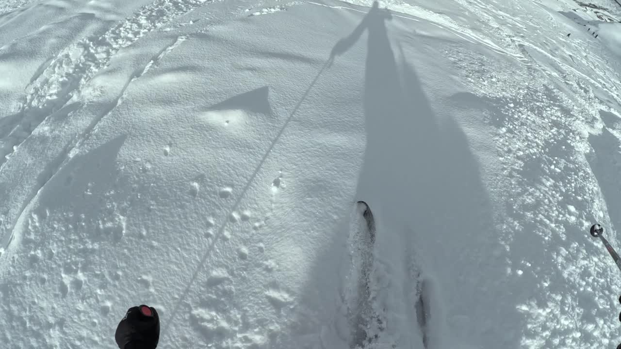 POV shot of skier doing turns in off piste powder snow. Legs and skis visible.
