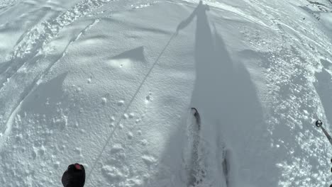 POV shot of skier doing turns in off piste powder snow. Legs and skis visible.
