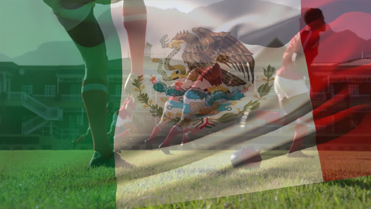 경기장에서 다양한 럭비 선수들 위에 이탈리아의  ⁇ 발의 애니메이션