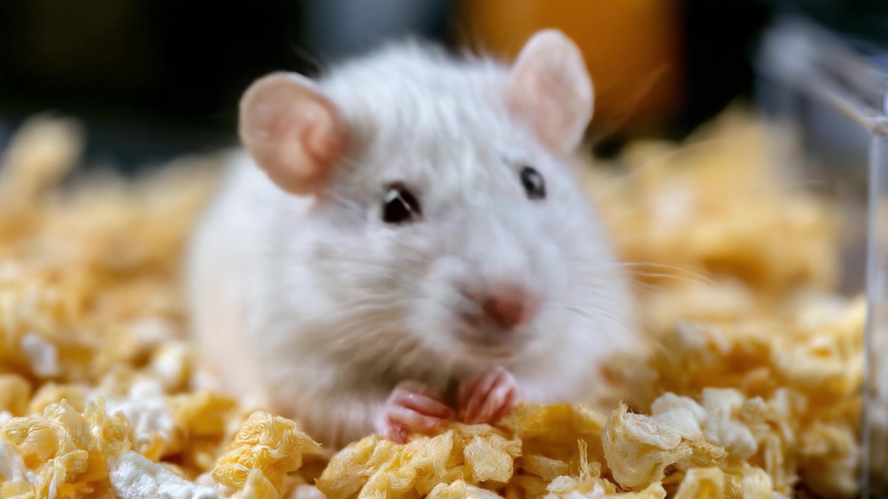 Un simpatico topo bianco che si rilassa comodamente in un morbido letto di biancheria, mostrando la sua curiosità e natura giocosa in un ambiente domestico