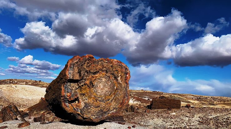 Timelapse af rullende skyer over en træstamme i Petrified Forest National Park i Arizona.