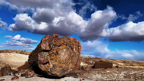 timelapse rolling clouds over tree log at petrified forest national park in arizona