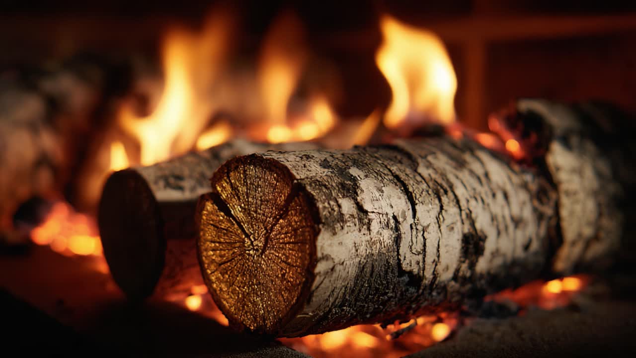 Captivating View of Burning Birch Logs Creating a Cozy Atmosphere with Flickering Flames and Glowing Embers in a Hearth Setting