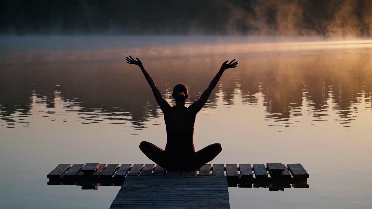 Silhouette of a person meditating on a dock at sunrise, captured from behind at a low angle